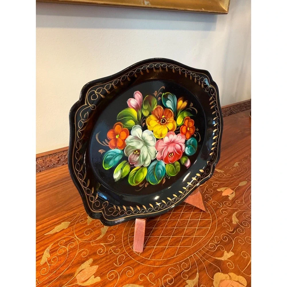 Vintage Black Tole Floral Tray - Hand‎ Painted with Stand